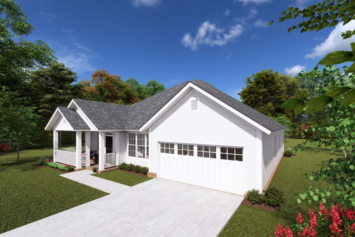 House plan exterior: Ranch style, single story with covered front porch, gabled dormers, and attached two-car garage.
