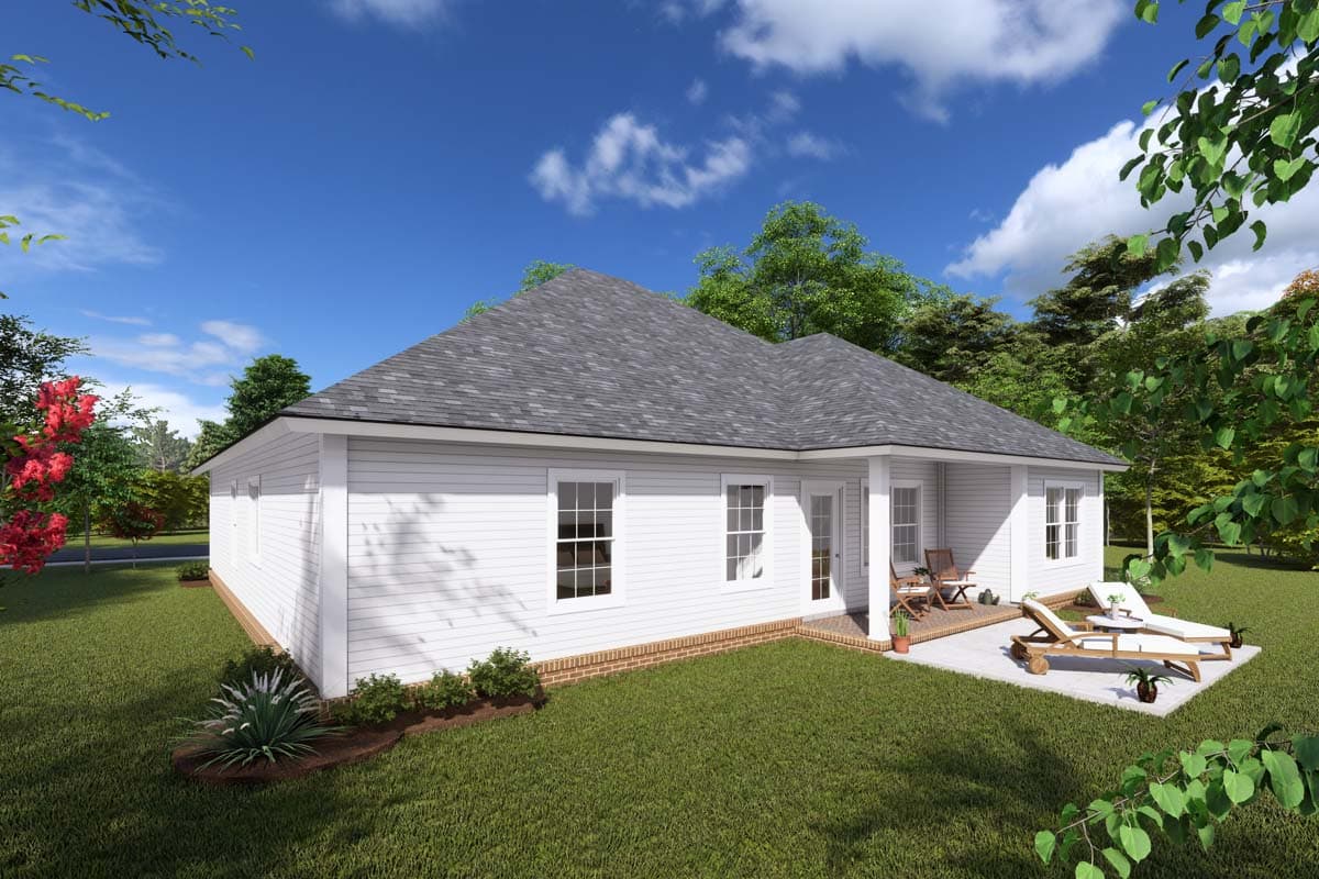 House plan exterior: single-story dwelling with a covered porch, dual pane windows, and a brick foundation. Features a patio with lounge chairs.
