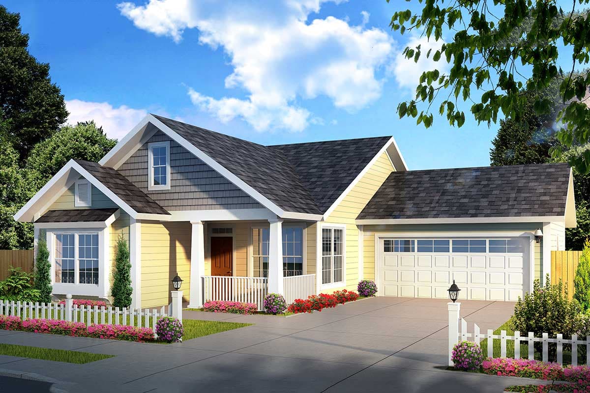 House plan exterior: Modern Farmhouse style, one story, with a gabled dormer, covered entry porch, and attached garage.
