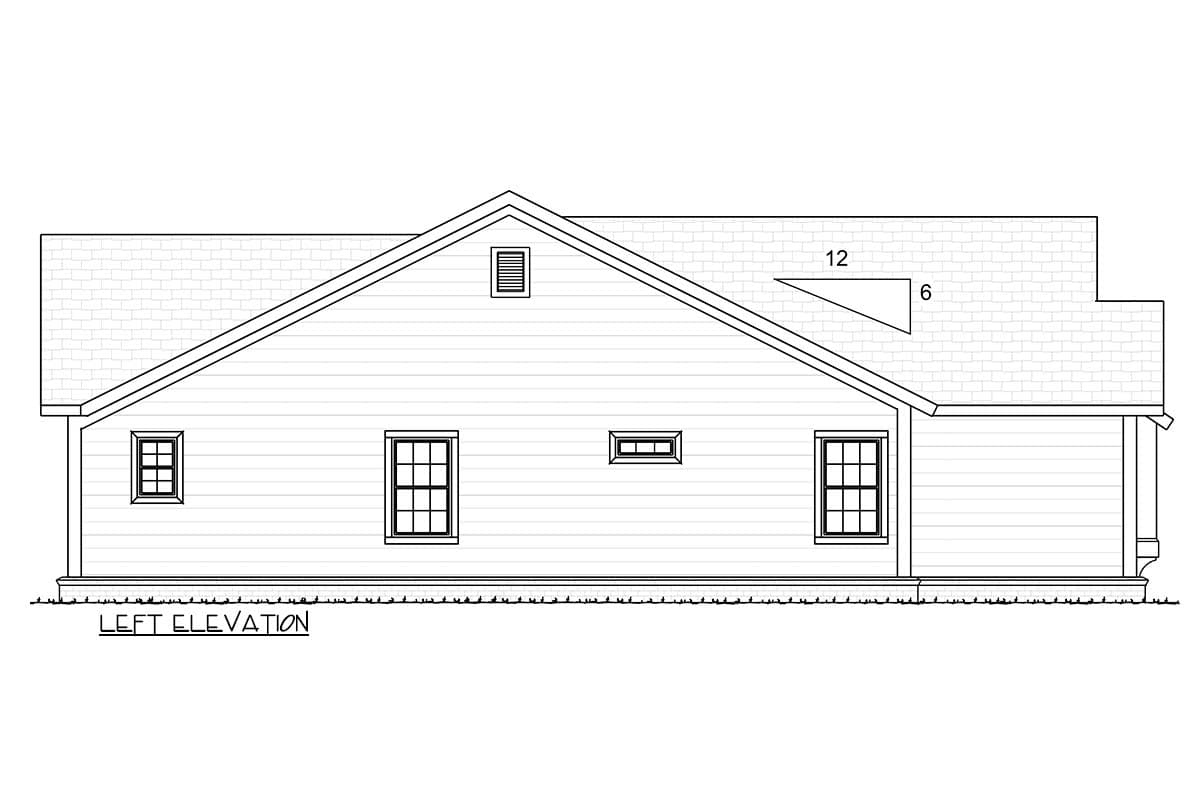 Left elevation house plan with a gable roof, pitched roof dormer, and three windows.