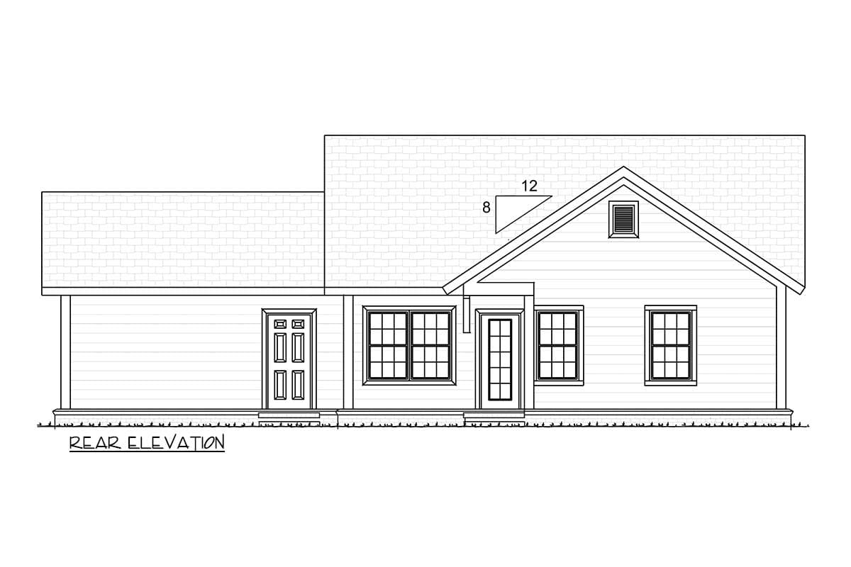 Rear elevation drawing of a house plan showing two doors, three windows, and a gable dormer.
