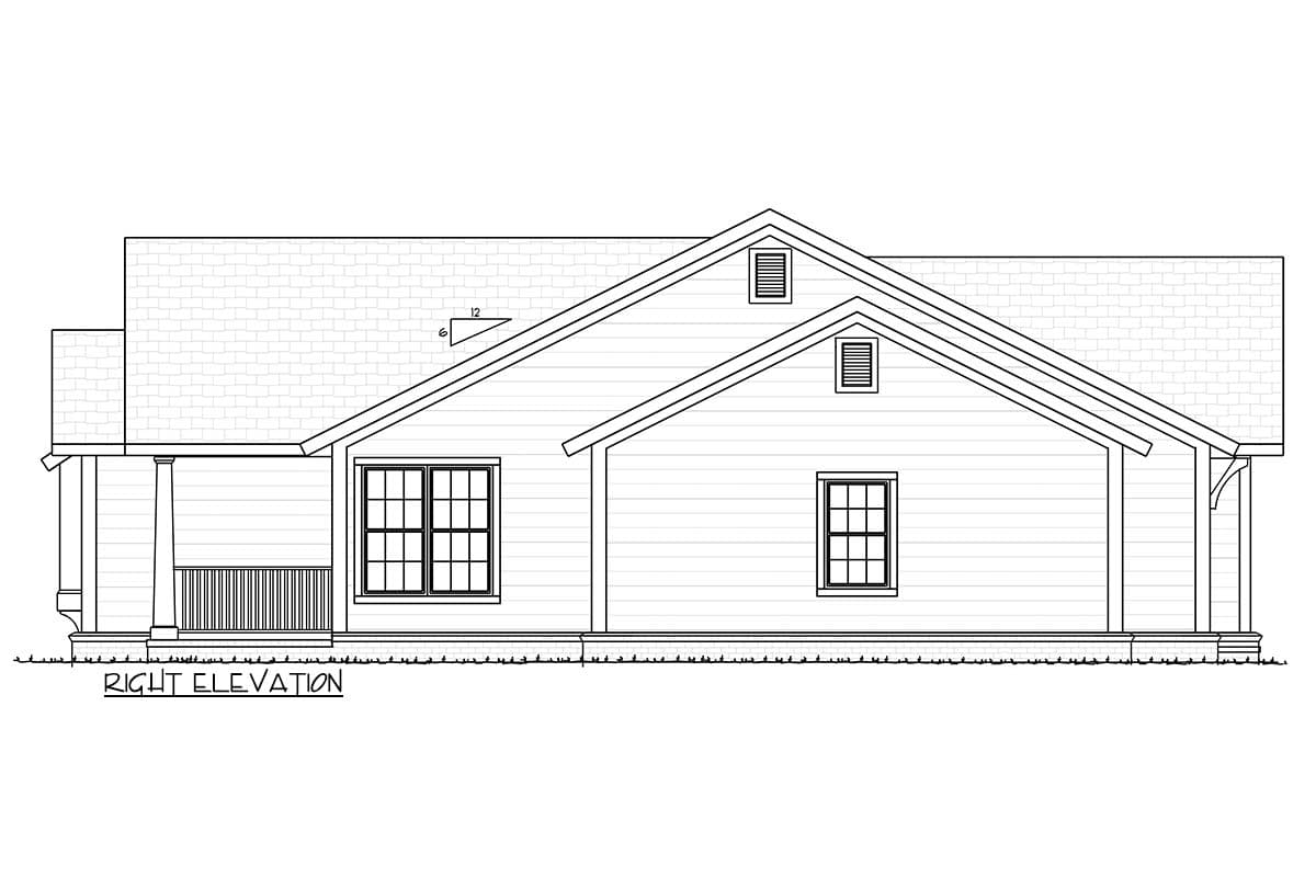 House plan right elevation drawing featuring a covered porch, gable vents, and multiple pane windows.
