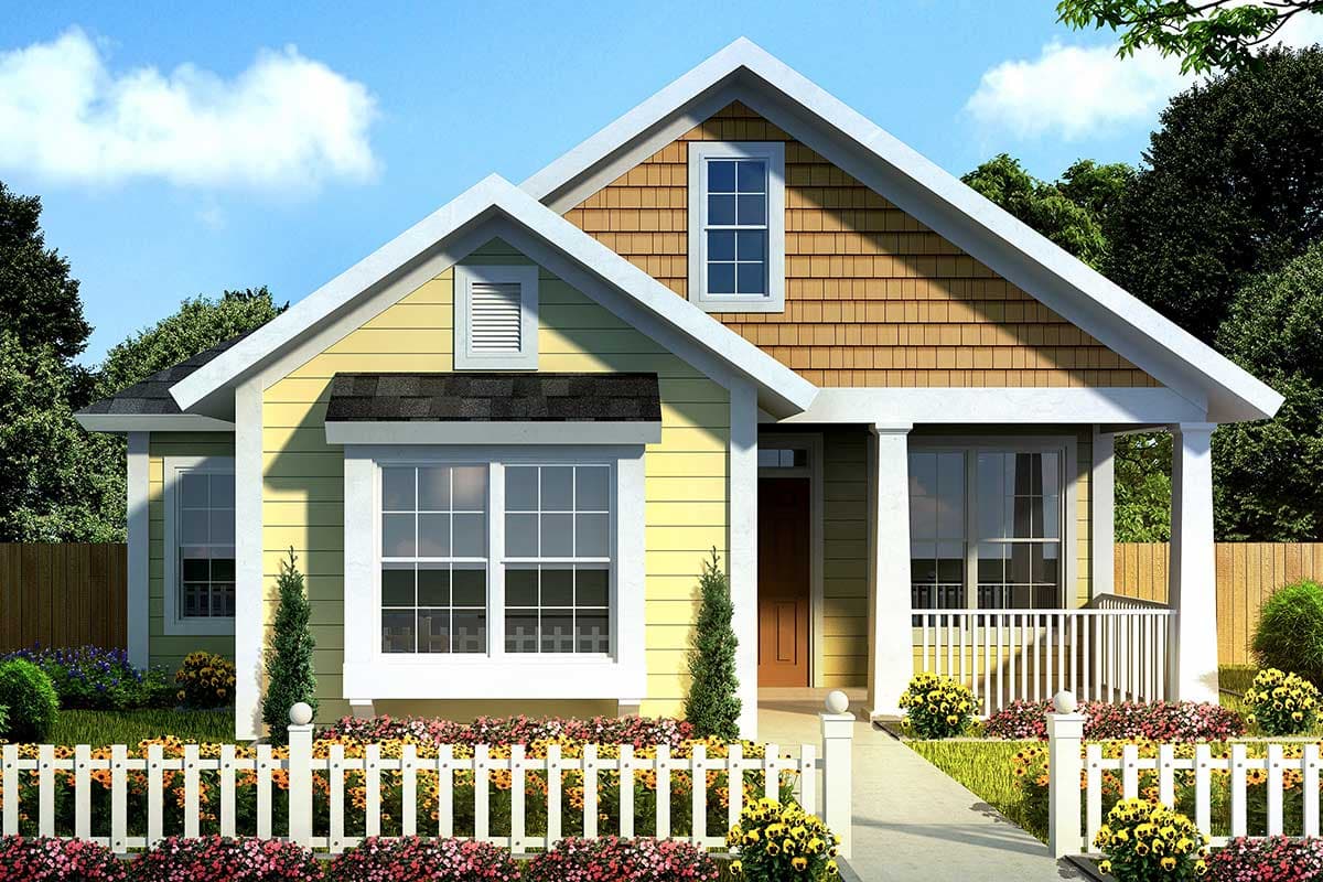 House plan exterior: Single-story cottage with a gabled roof, shingle siding accent, dormer window, and covered front porch with columns.