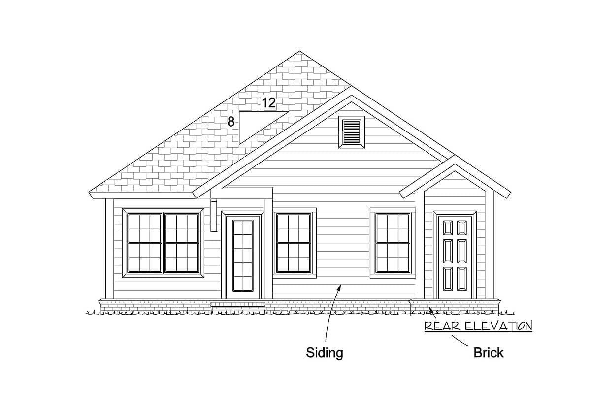 Rear elevation house plan: one-story home with gabled roof, siding, brick foundation, and covered front porch.