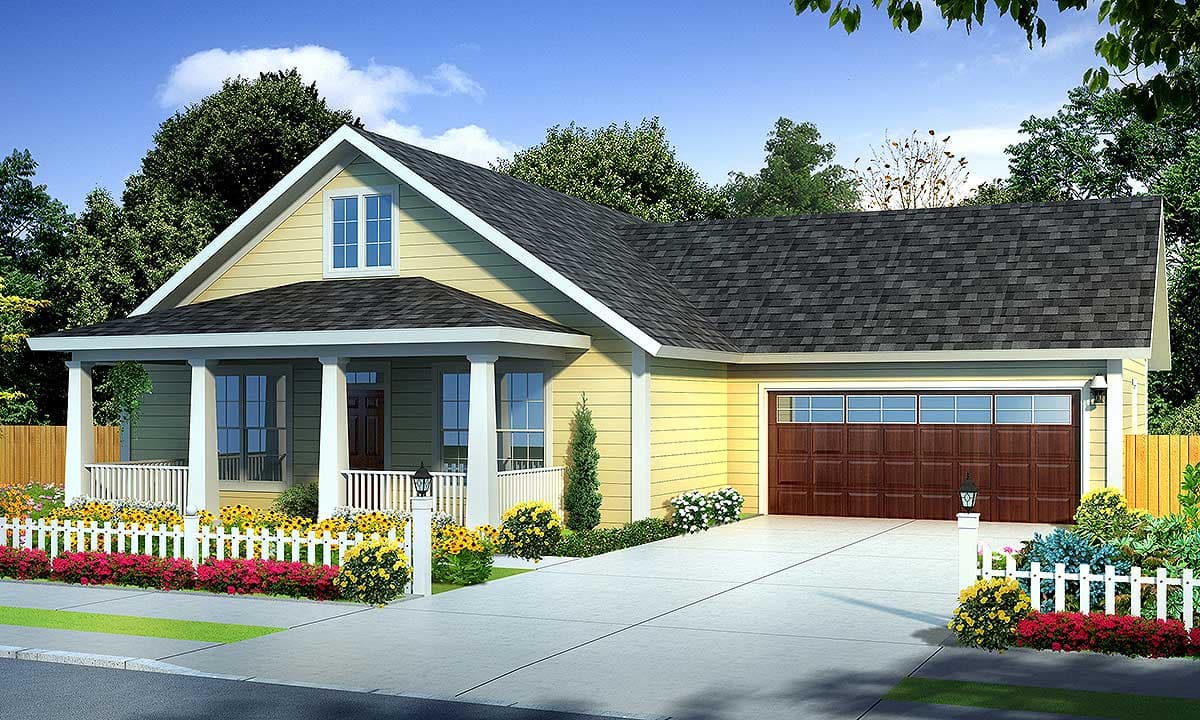 House plan exterior of a one-story home with a gabled dormer, covered front porch with columns, and attached two-car garage.