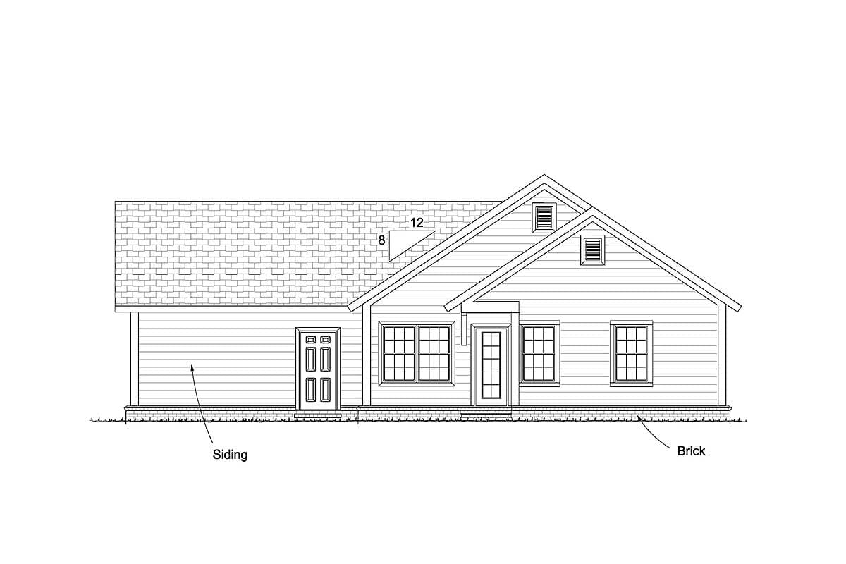 House plan exterior: one-story home with siding, brick foundation, double front doors, multiple windows, and gabled dormers.