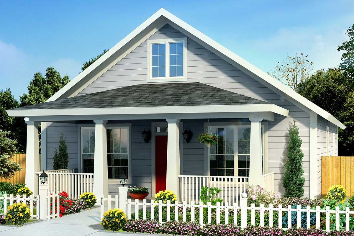 House plan exterior view of a one-story home with a covered porch, gables, and a dormer window.