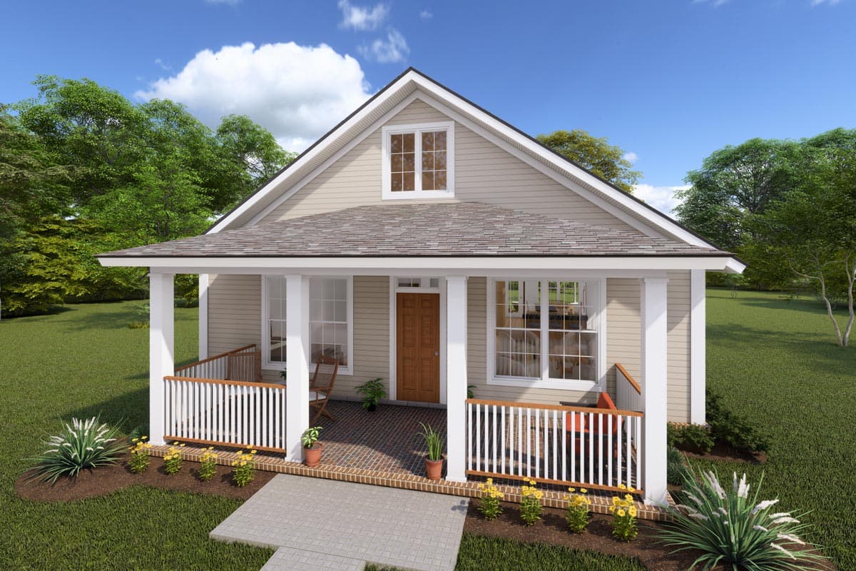 House plan exterior: One-story cottage with a gable dormer, covered front porch with white railings, and double-hung windows.