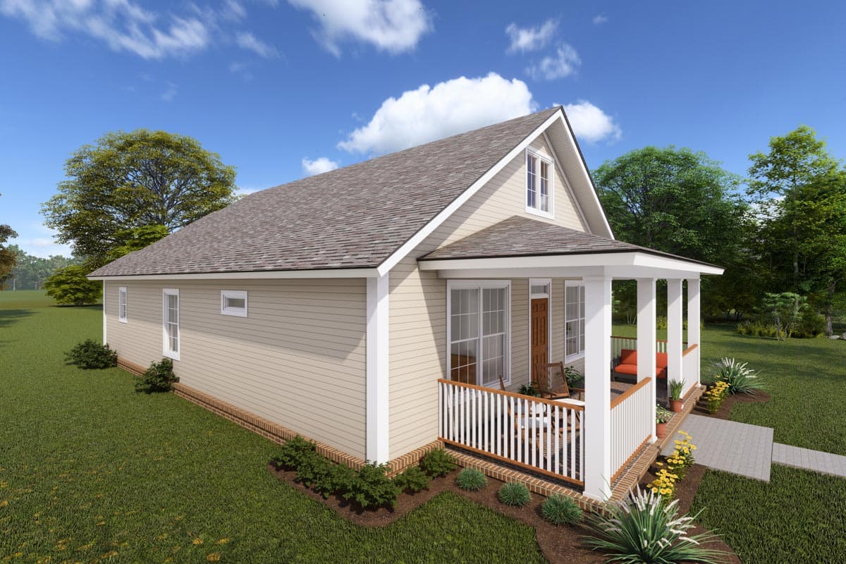House plan exterior: Gable roof, dormer window, and covered front porch with white railing.