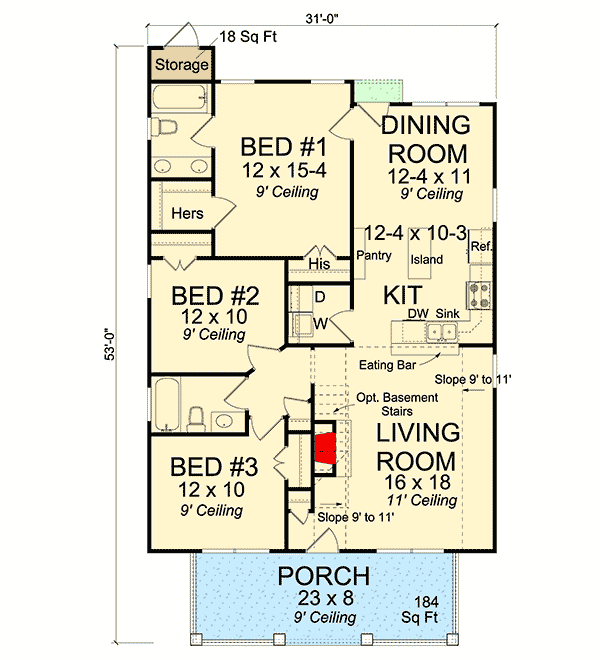 Plan 52219WM: 3 Bedroom Cottage with Options - Floor Plan - Main Level - Bungalow, Cottage, Country