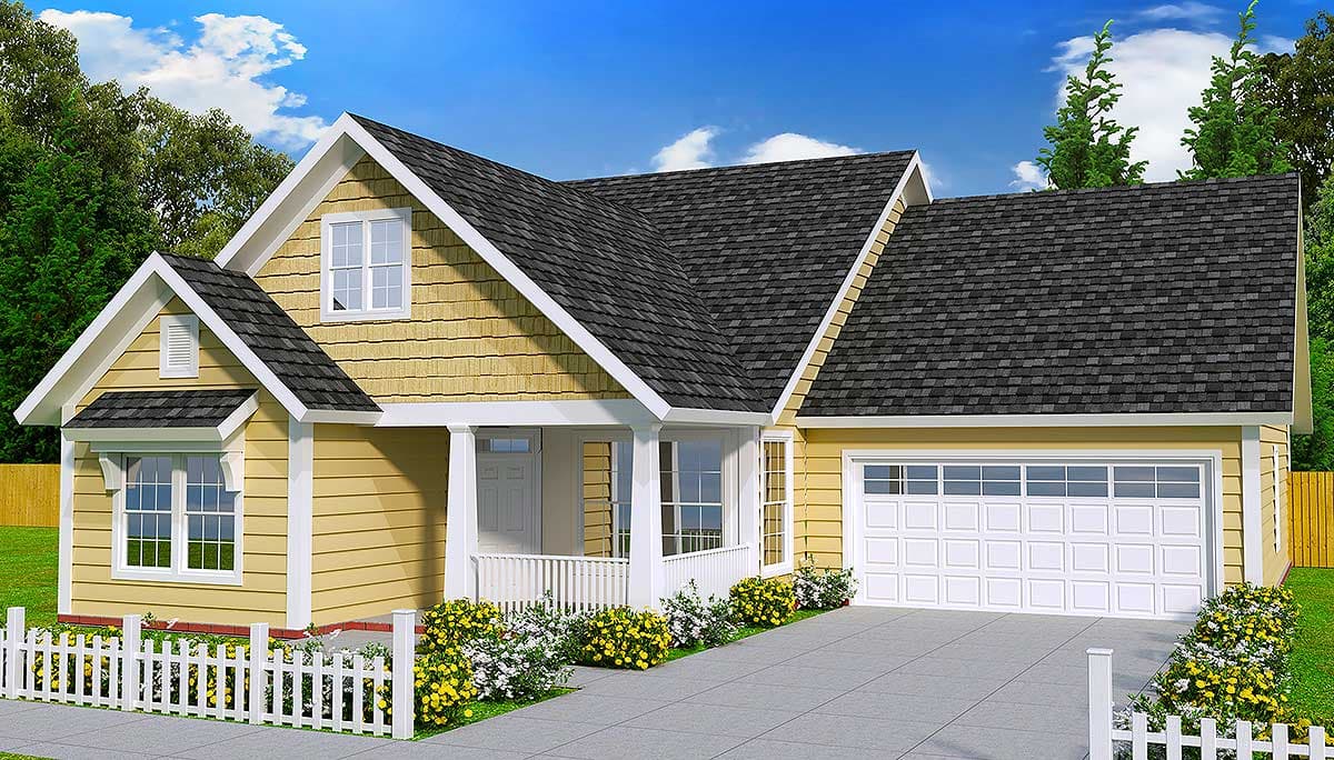 House plan exterior: One-story Modern Farmhouse with gabled dormer, covered front porch, and attached two-car garage.