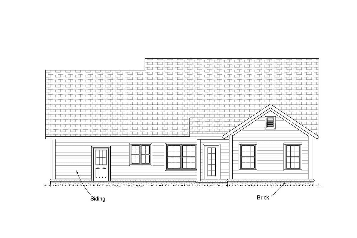 House plan exterior drawing: single-story home with siding and brick accents, multiple windows, and a gabled dormer.