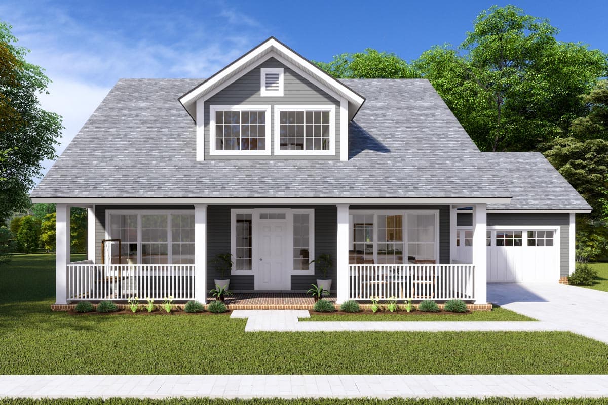 House plan exterior. Craftsman style, one story. Features include a front porch with railing, dormer, and attached garage with a gable roof.