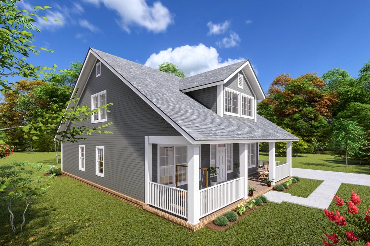 House plan exterior: two-story Craftsman with a full front porch, gables, dormers, and vinyl siding.