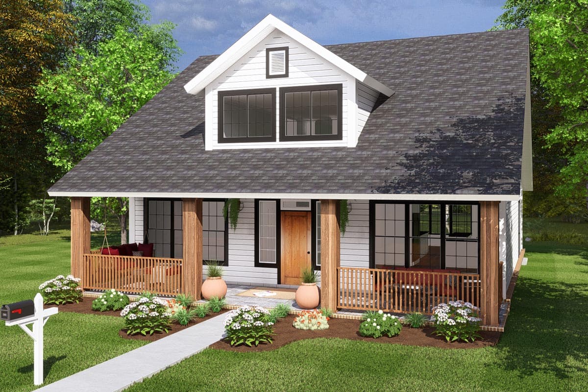 House plan exterior with Craftsman style. Features include a front porch, gabled roof, and dormer. Two-story structure with wood columns.