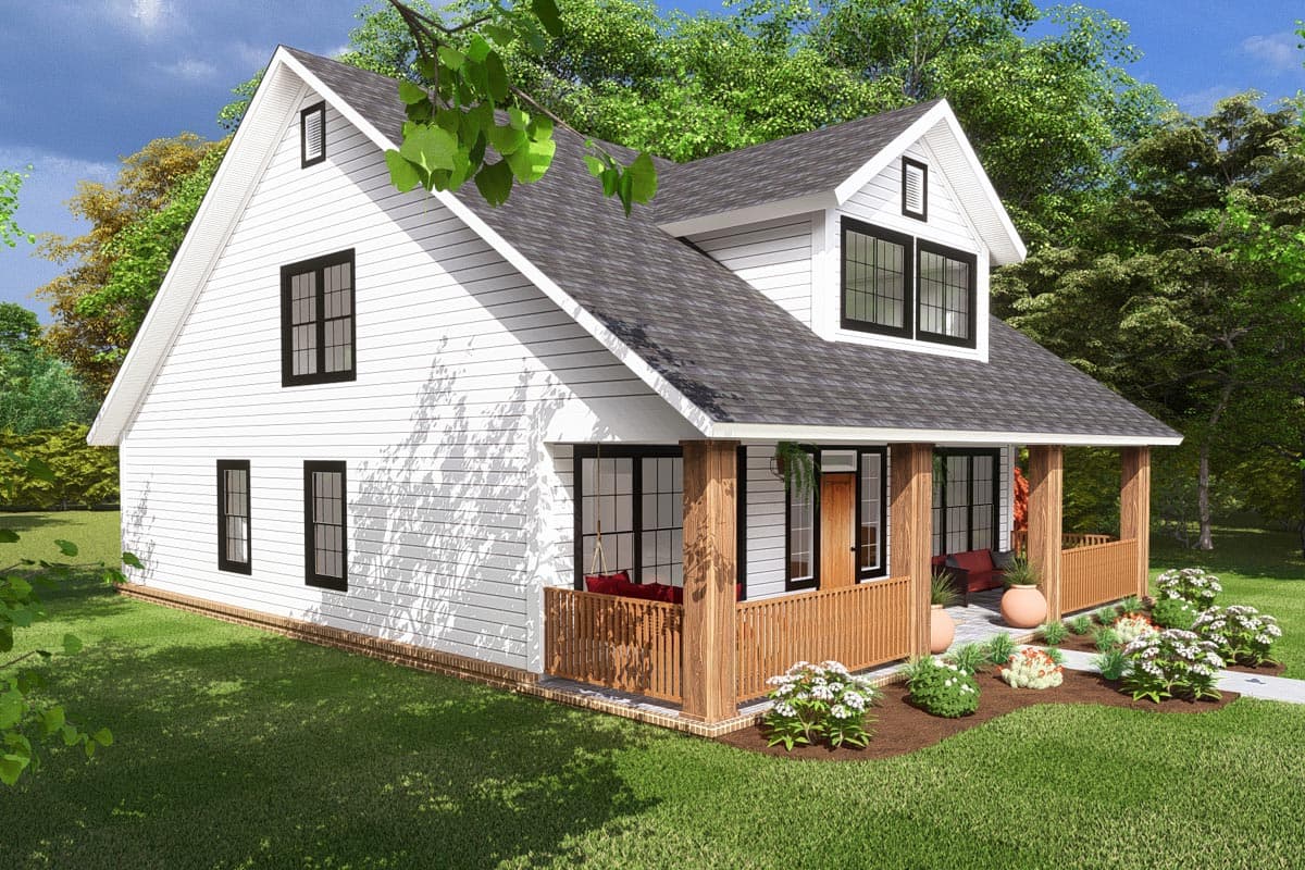 House plan exterior for a two-story Modern Farmhouse with a prominent gabled front, covered porch with wooden posts, and dark-trimmed windows.