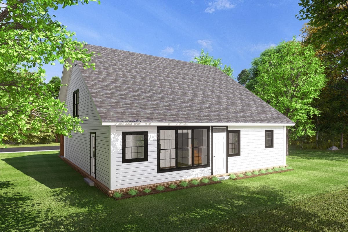House plan exterior of a two-story modern farmhouse with a gambrel roof, white siding, and black-framed windows.