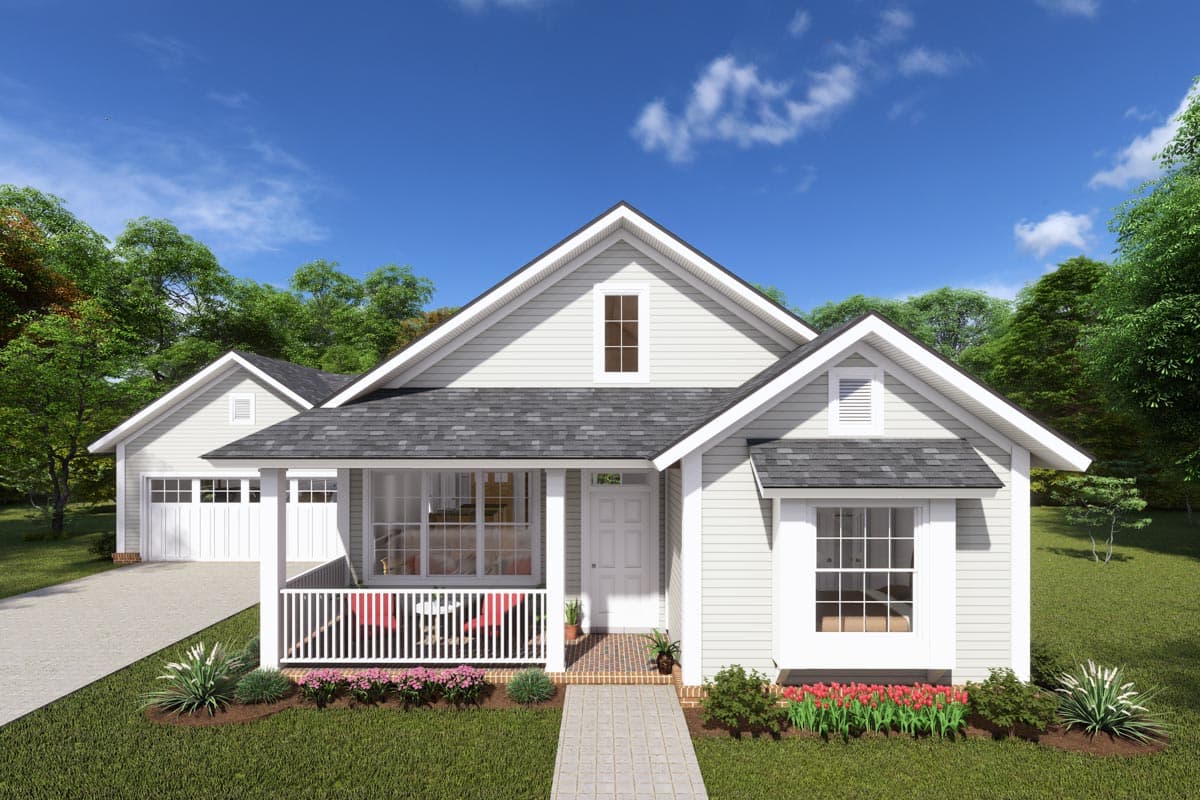 House plan exterior with Craftsman style. Features include a front porch, gables, and a dormer. One-story home with a two-car garage.