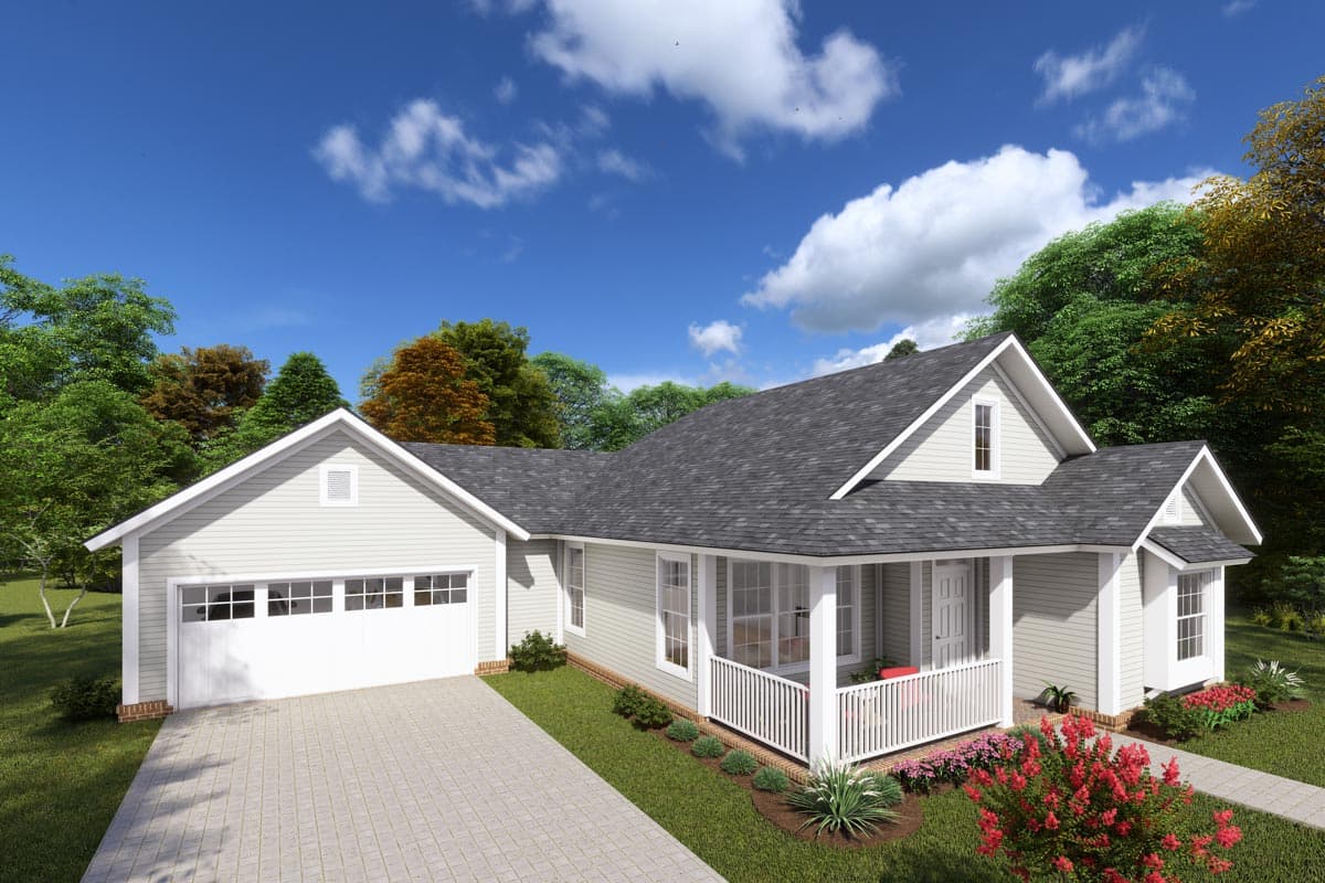 House plan exterior: Ranch style, one story, with front porch, gable dormer, and attached garage.
