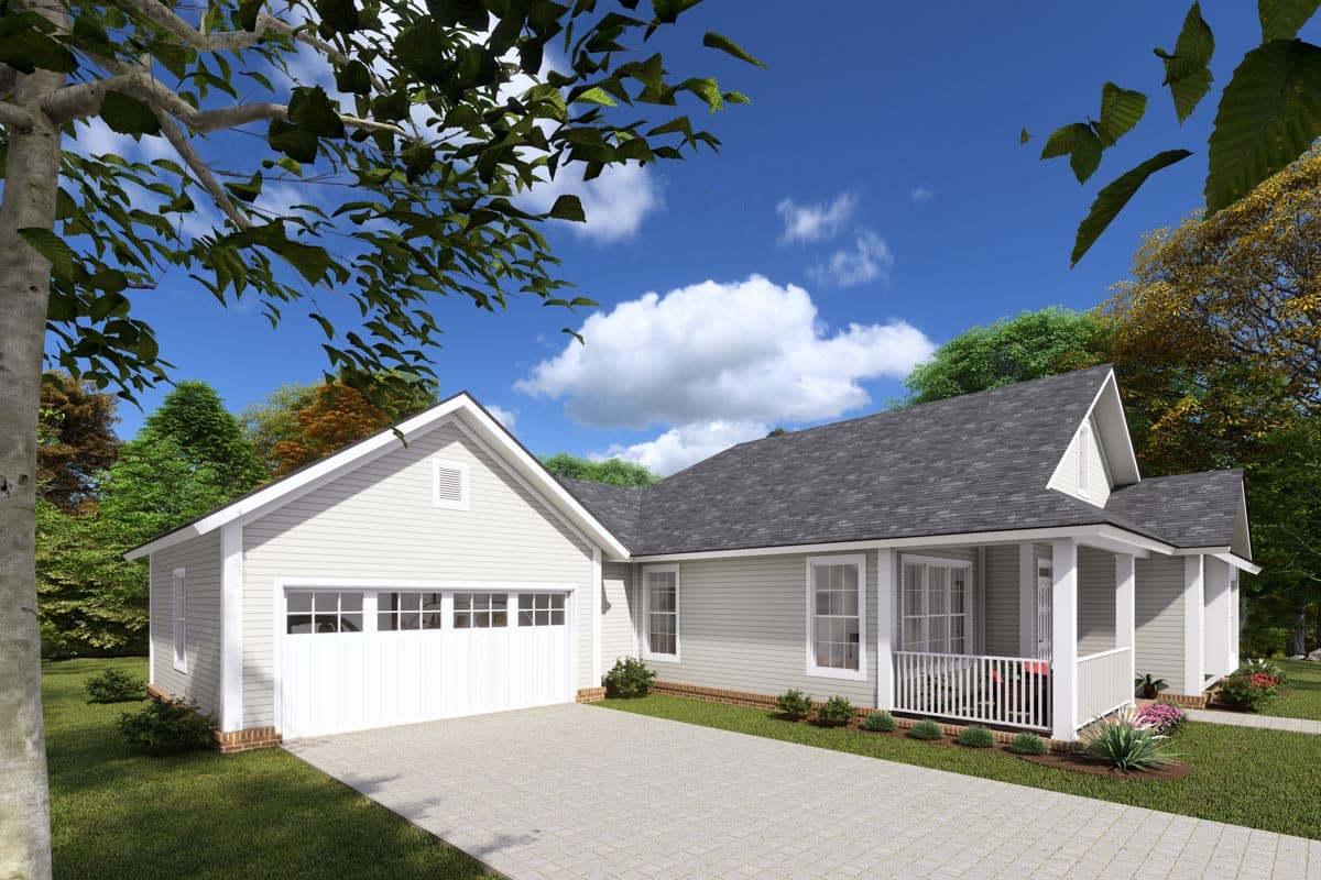 House plan exterior: Ranch style, one story, with attached side-entry garage, gable rooflines, and covered front porch.