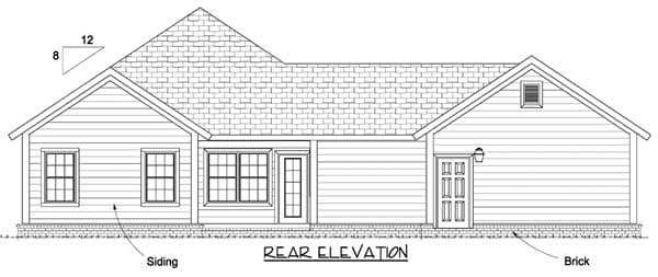 Rear elevation drawing of a single-story house with siding, brick foundation, two windows, a door, and a garage door.