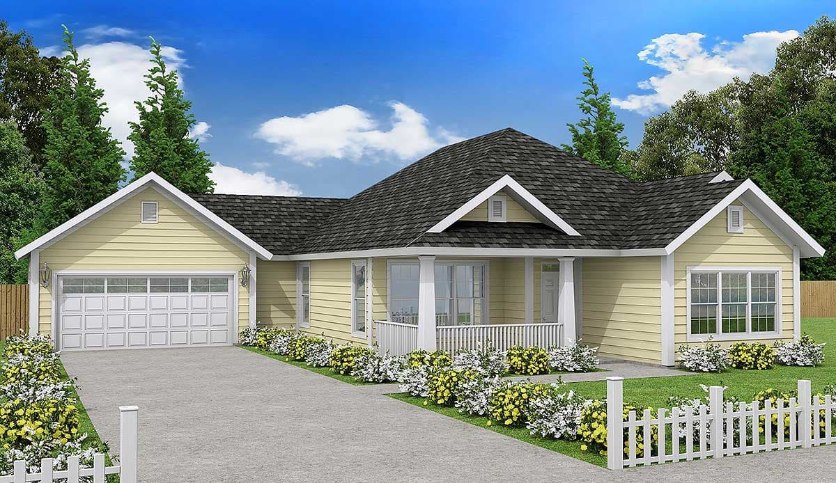 House plan exterior: One-story ranch with attached two-car garage, front porch with white railings, and prominent gables.