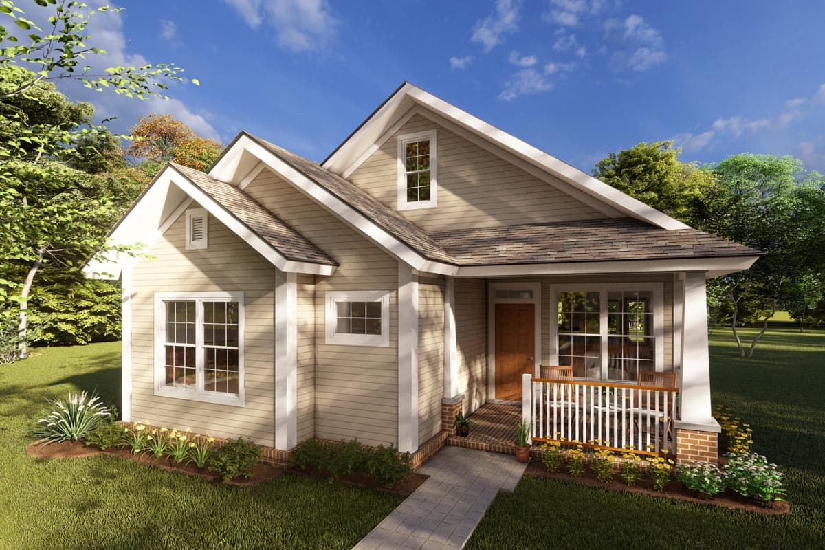 House plan exterior. Craftsman style, one-story home with gables, a covered porch with white railing, and multiple windows.