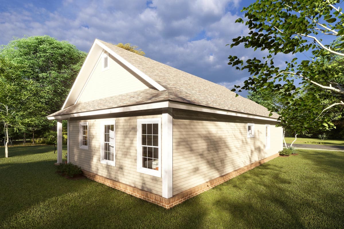 House plan exterior: Side view of a one-story house with beige siding, gable roof, and white-framed windows.
