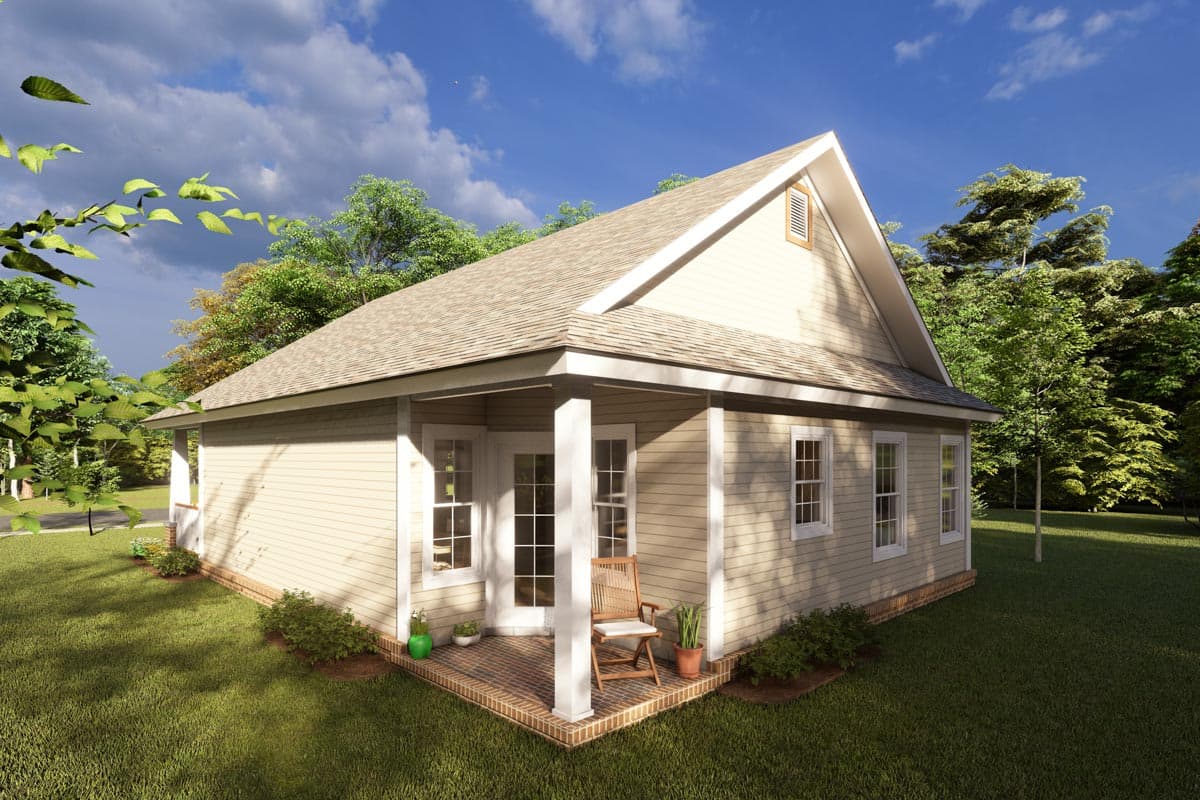 House plan exterior, one story, tan siding, gable roof, covered porch with white columns, and multiple windows.
