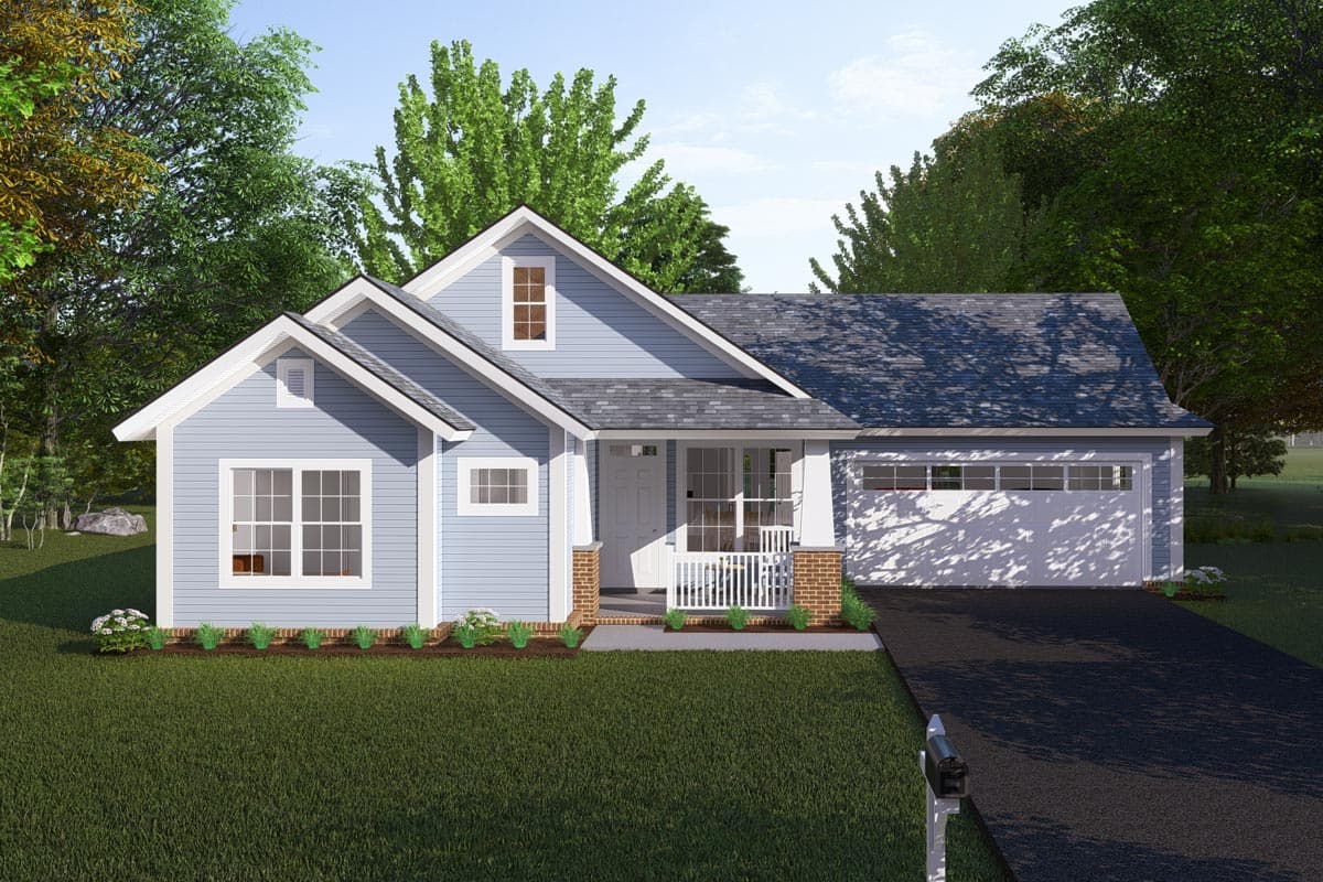 House plan exterior featuring a two-story Craftsman style home with front porch, gables, and attached garage.