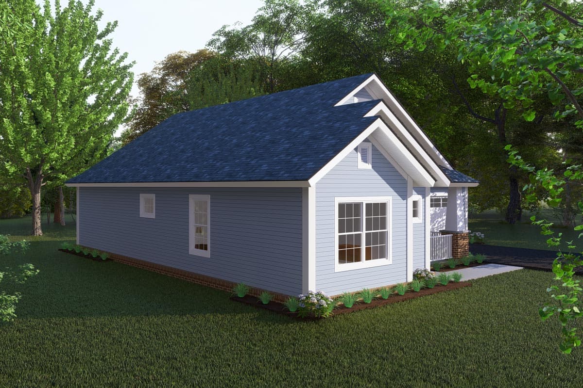 House plan exterior: single-story light blue siding home with dark blue roof, gabled dormer, and covered front porch.