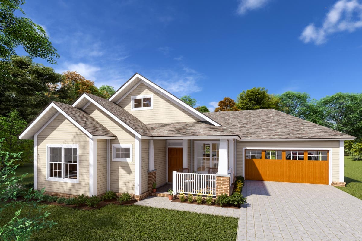 House plan exterior. Ranch style, one story house with gabled roof, front porch with columns, and attached garage. Brick accents at porch.