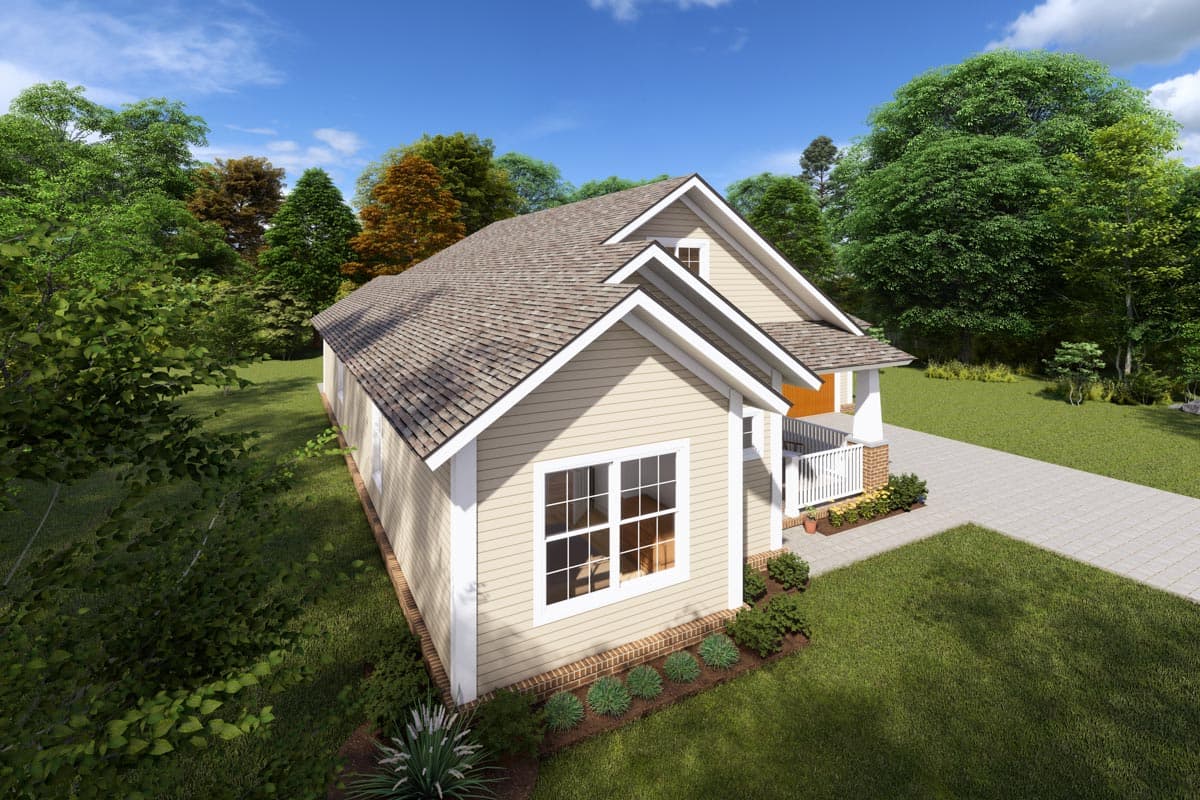 House plan exterior, single-story cottage-style home with gable roof, front porch, and white-trimmed windows.