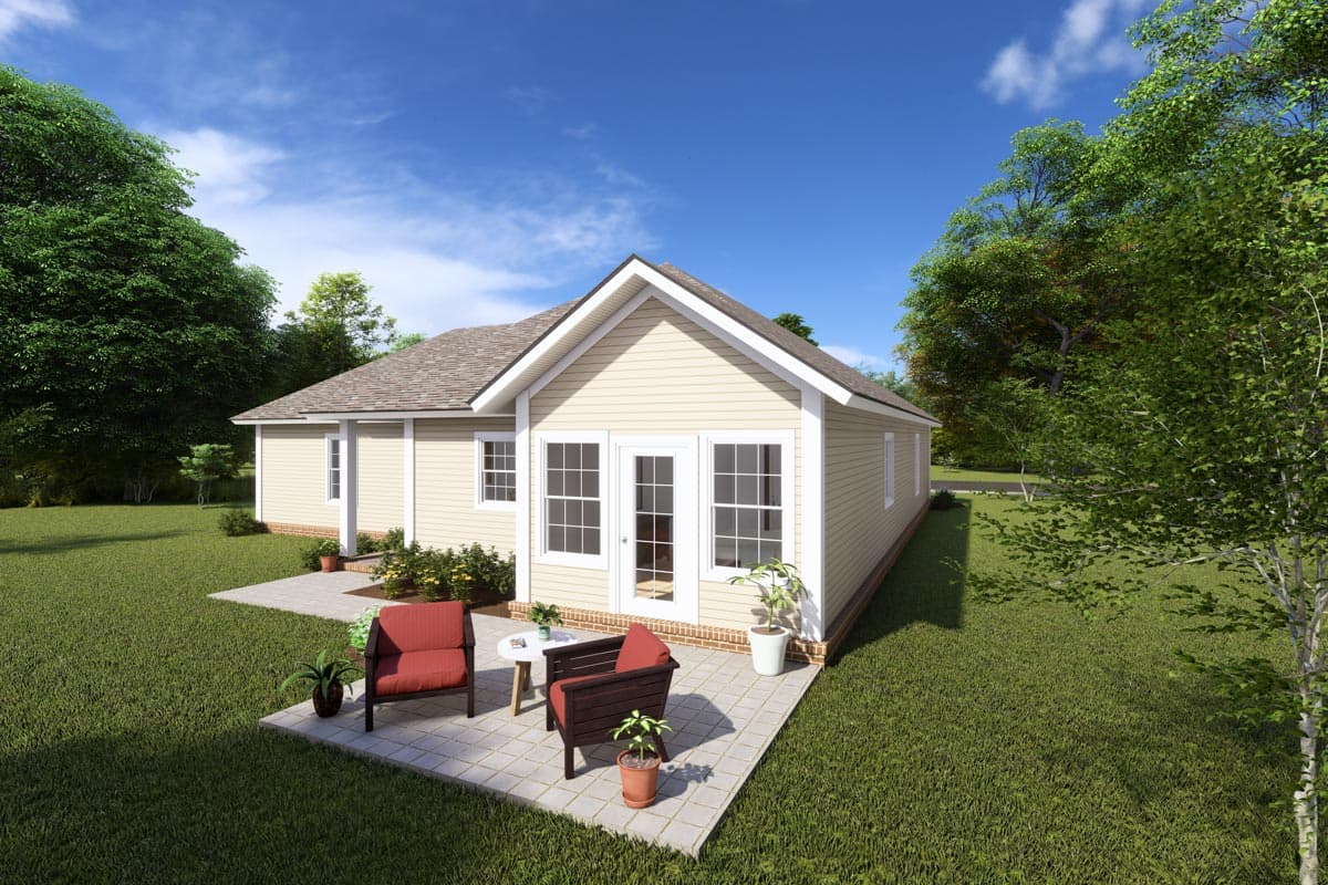 House plan exterior, single-story with gabled roof, front double doors, and side windows.