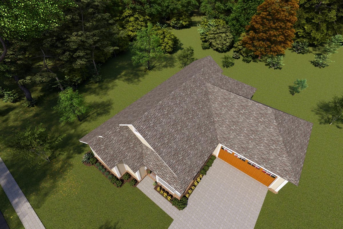 House plan exterior view of a single-story home with a prominent gable roofline, covered front porch, and attached two-car garage.