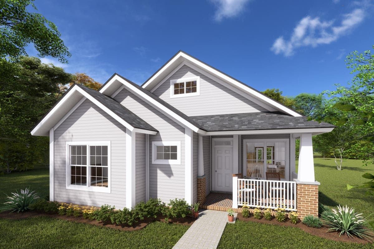 House plan exterior with Craftsman style, single story, gabled roof, front porch with columns, and dormer window.