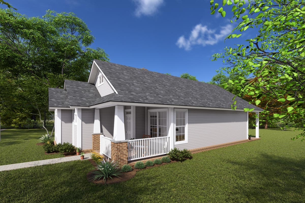 House plan exterior: single-story Modern Farmhouse with covered front porch, gabled dormer, and white railing.