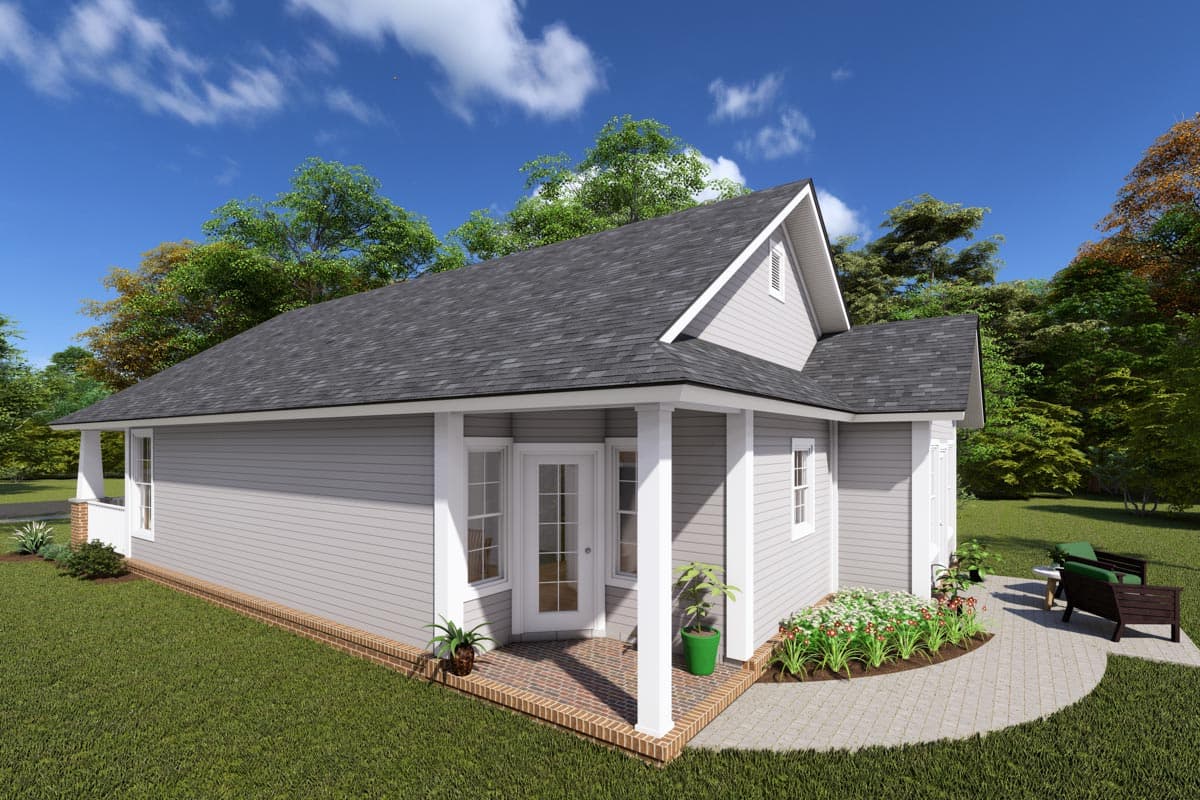 House plan exterior: Single-story modern farmhouse with covered front porch, gables, and double-hung windows.