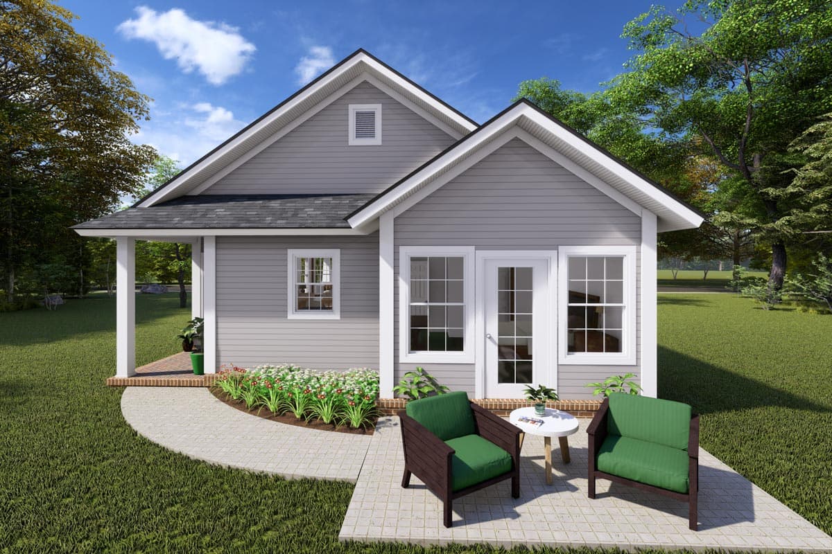 House plan exterior: Traditional style, one story, gable roof, covered porch, and double door entrance.