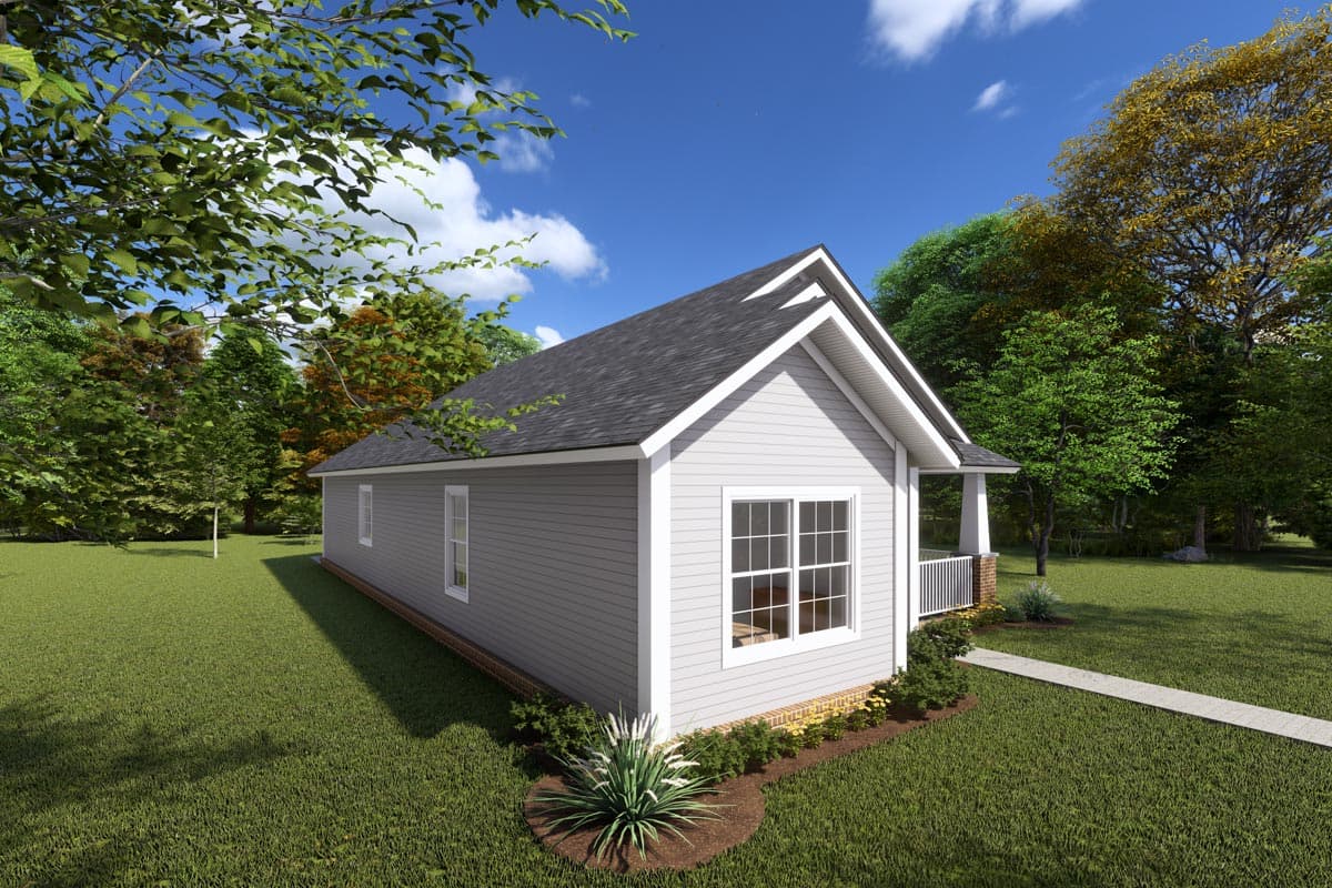 House plan exterior: one-story dwelling with gabled roof, white siding, and small covered porch with brick columns.
