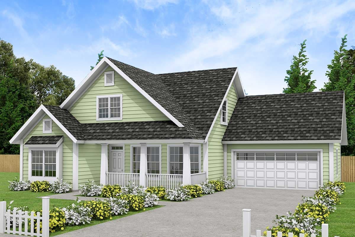 House plan exterior rendering of a two-story Modern Farmhouse with a covered porch, gables, and attached two-car garage.
