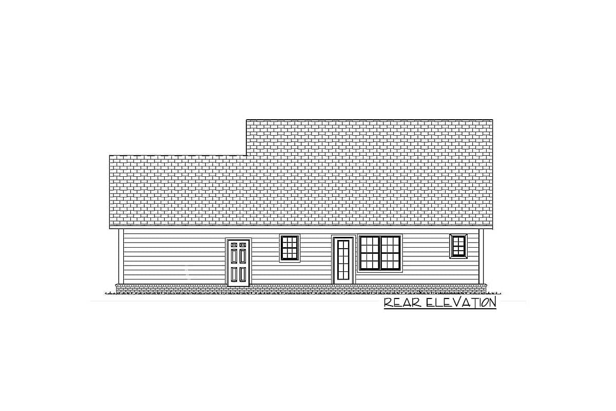 Rear elevation house plan showing a single-story building with a layered roofline, two doors, and three windows.