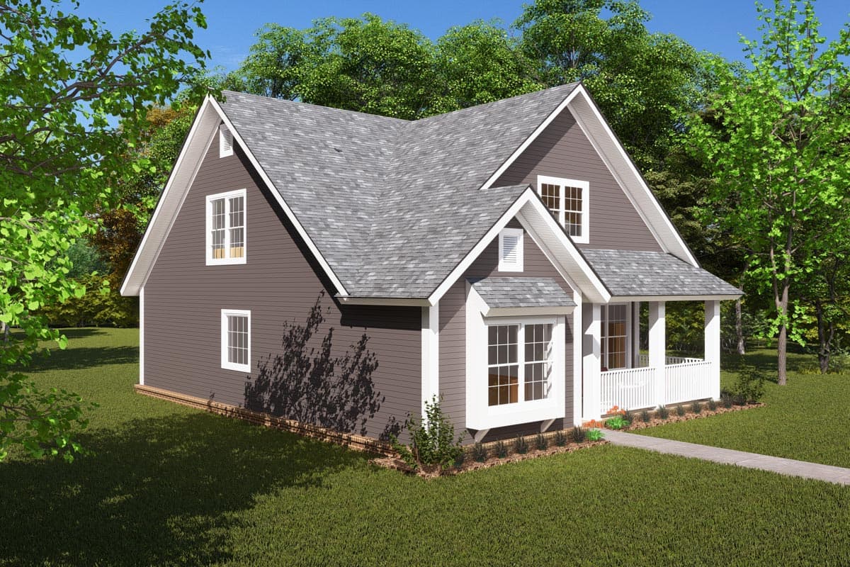 House plan exterior: Two-story home with gabled roof, dormers, front porch, and bay window.