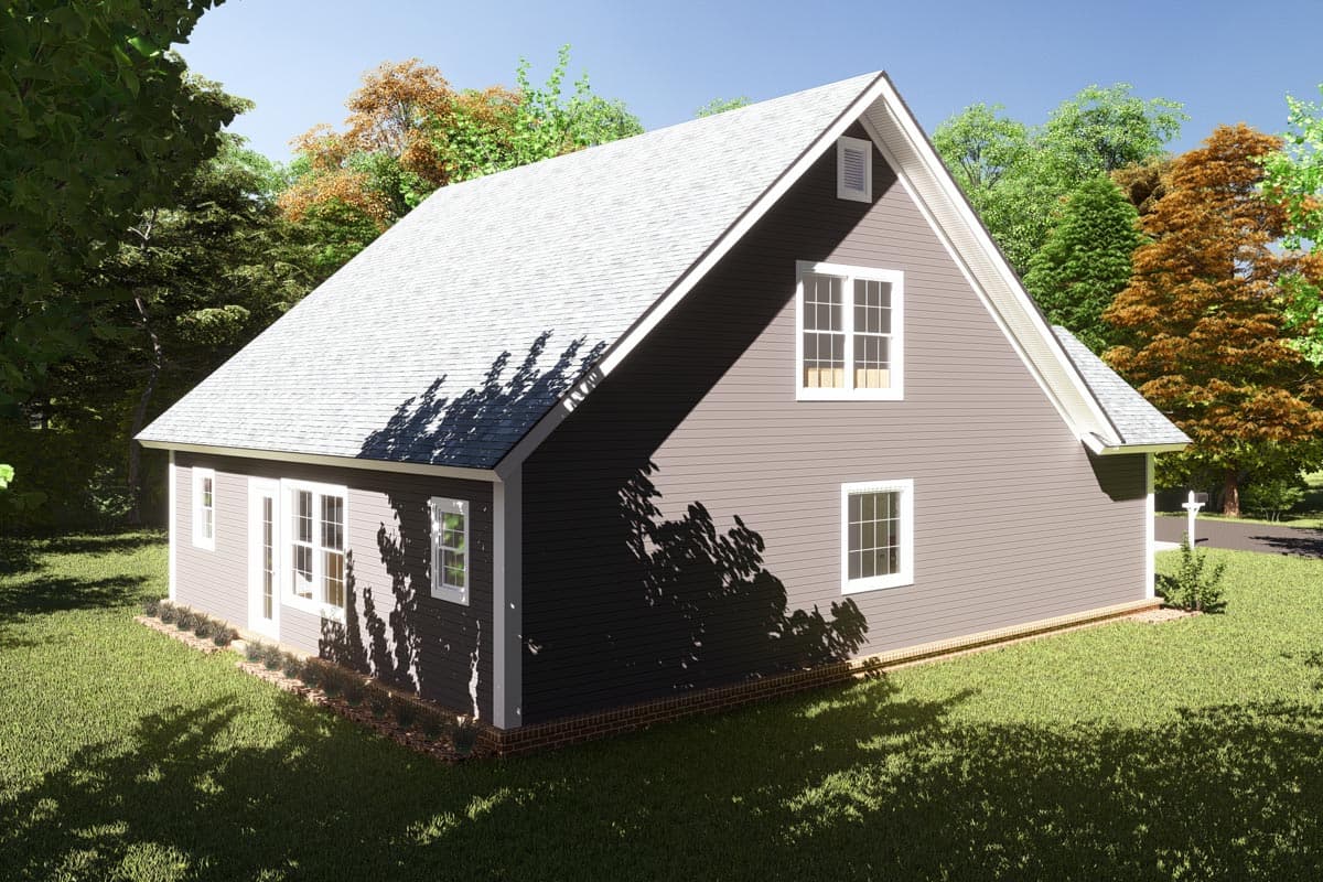 House plan exterior of a two-story home with a prominent gable end, multiple windows, and siding.