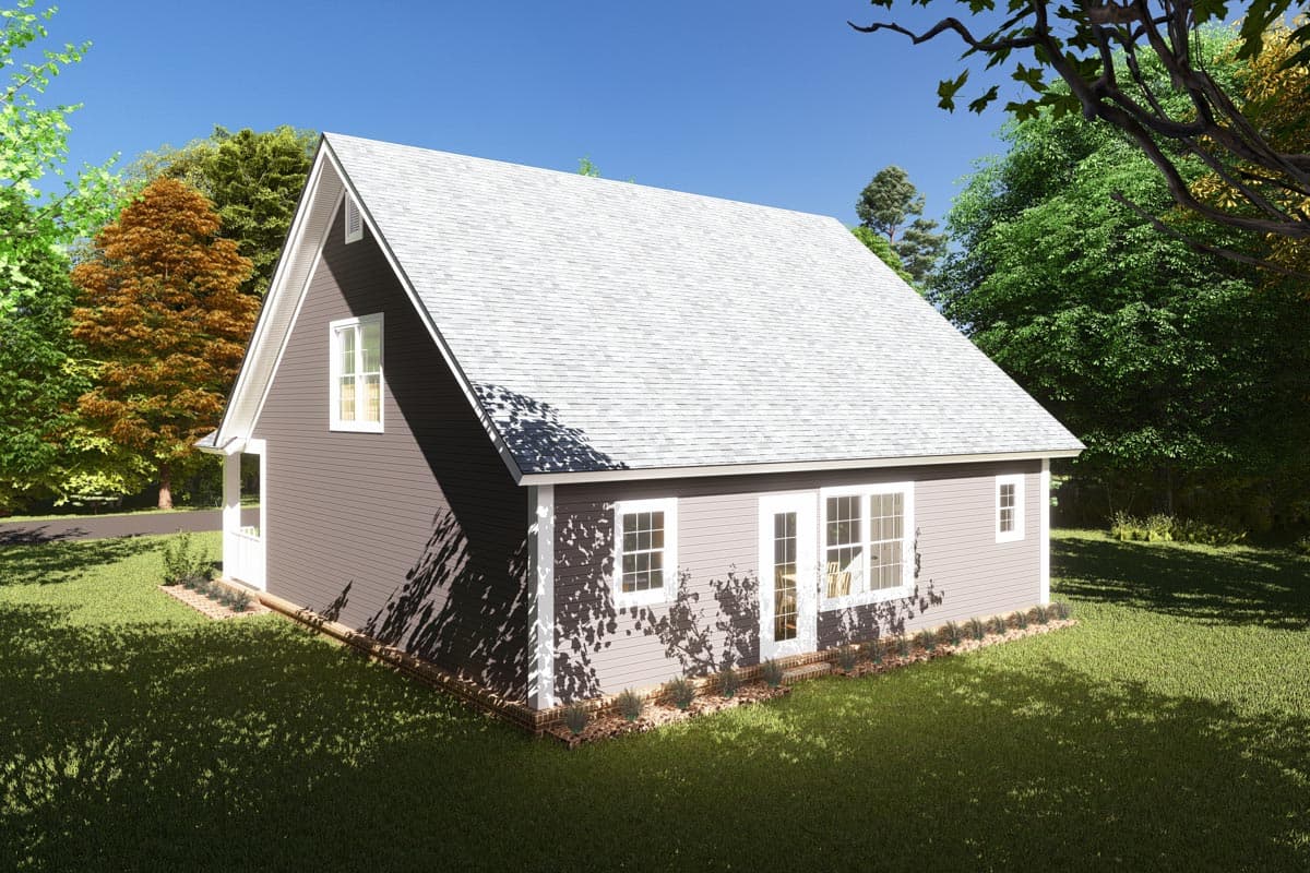 House plan exterior: Two-story Modern Farmhouse with gable roof, front porch, and varied window configurations.
