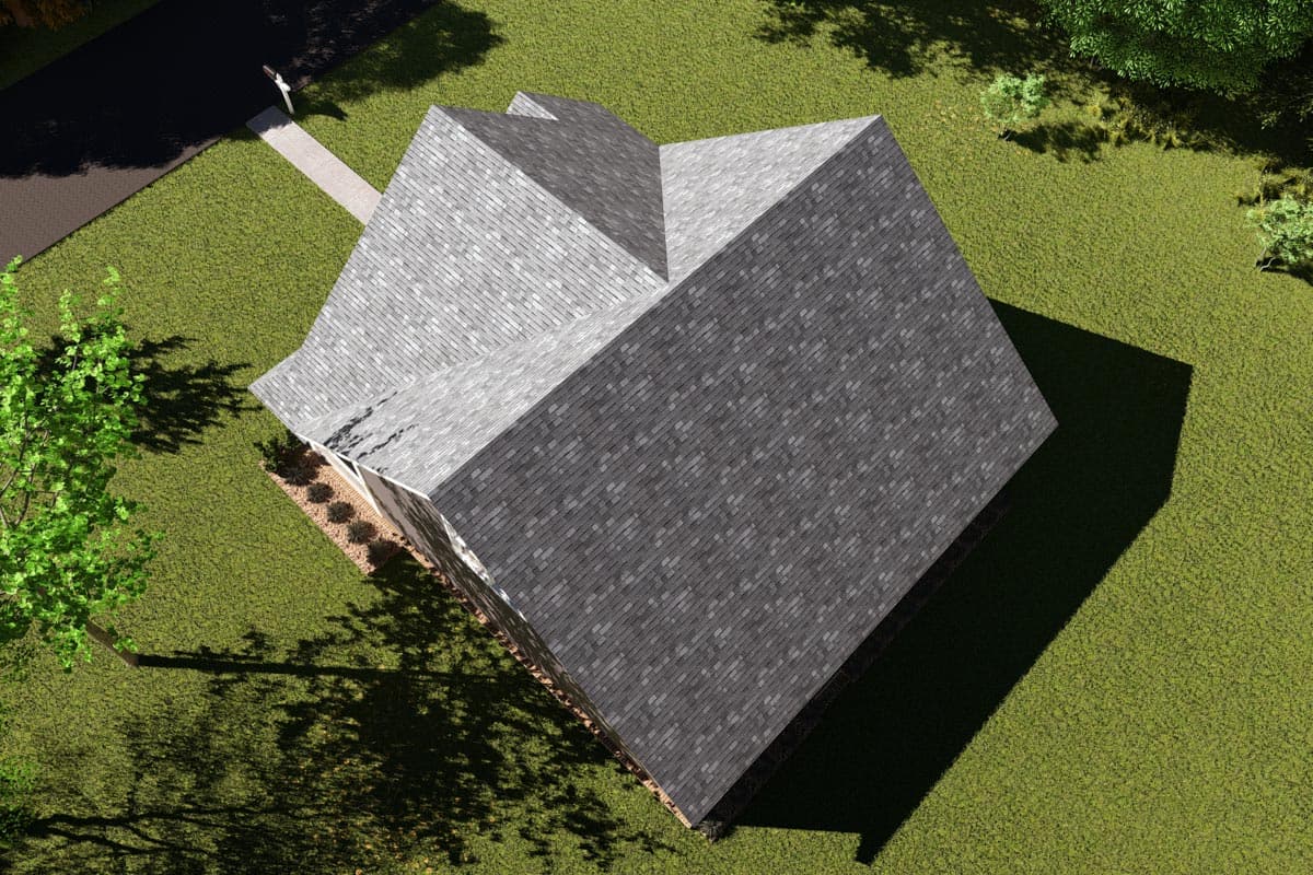 House plan exterior view, featuring a complex roofline with multiple gables and dormers, surrounded by lawn.