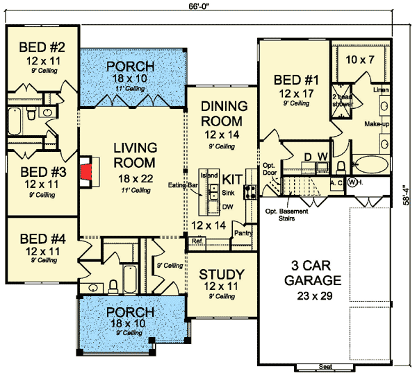Plan 52238WM: One-Story Country House Plan with 4 Bedrooms and 2 Porches - 2193 Sq Ft - Floor Plan - Main Level - Country, Traditional