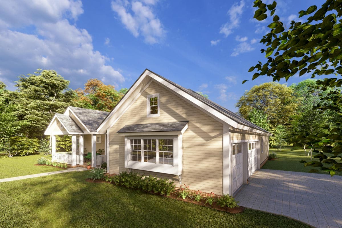 House plan exterior: Ranch style, one story, covered front porch, gable roofline, and attached two-car garage.