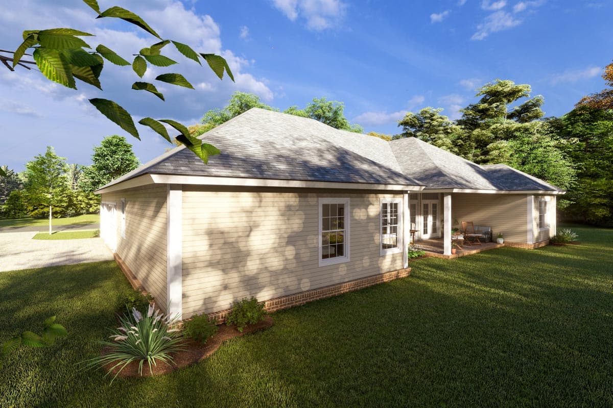 House plan exterior: single-story Ranch style with horizontal siding, multiple gables, and covered rear patio.