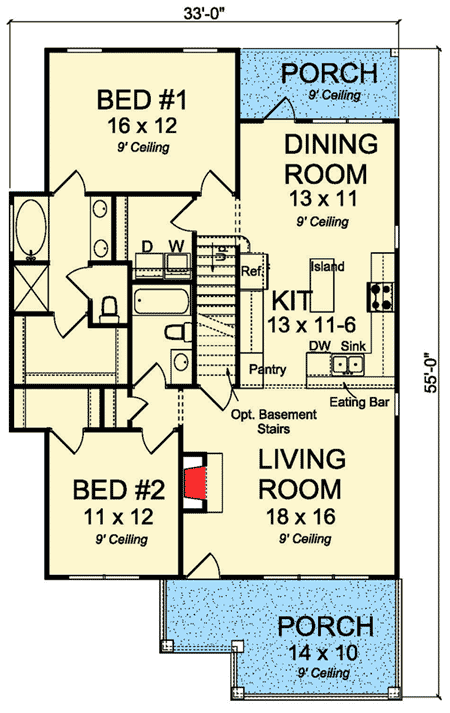 Plan 52240WM: 2-Story Country Cottage House Plan with Four Bedrooms in a Narrow Footprint - 1940 Sq Ft - Floor Plan - Main Level - Cottage, Country, Traditional